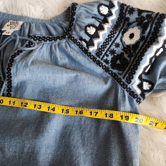 Ivy Jane Boho Dress XS Embroidered Puff Sleeve Chambray Relaxed‎ Southwestern - Picture 7 of 12